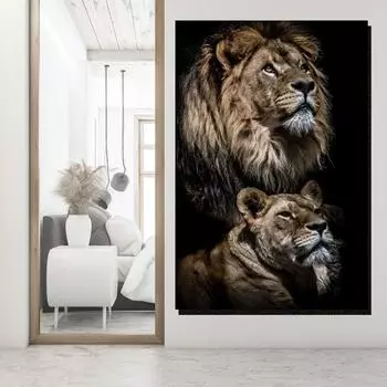 Черно-белый лев, семейная картина на холсте, фотографии диких животных, лев, любовник, постеры и принты для декора гостиной, Cuadros 21x30cm No Frame