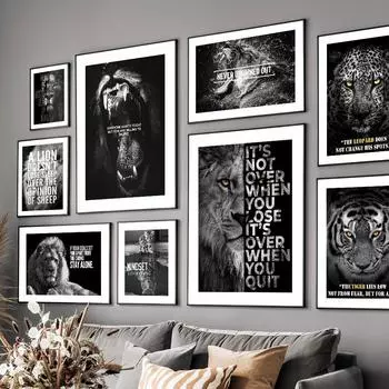 Черно-белый лев, тигр, леопард, зверь, цитаты, плакаты на скандинавскую тему и принты, настенная живопись на холсте, картины для декора гостиной A4 21X30cm No Framed