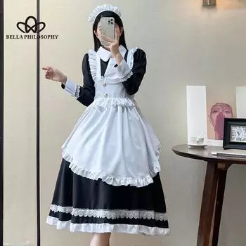 Черно-белый милый карнавальный костюм Лолиты с длинными рукавами, костюм горничной, карнавальный костюм Лолиты, униформа для выступлений, аниме, милая горничная S чёрный