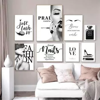 Черно-белый модный плакат для макияжа бровей, ресниц и ногтей, современные духи, женский салон красоты, холст, настенные художественные фотографии, декор для студии 21x30cm No Framed