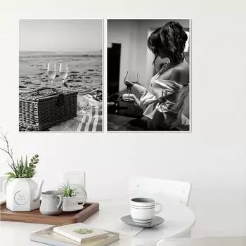 Черно-белый модный женский постер с изображением вина на пляже, холст, картина, принты для бара, коктейлей, настенные художественные фотографии для декора спальни 21x30cm No Framed