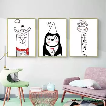 Черно-белый мультфильм Альпака Жираф Детская настенная живопись на холсте Плакаты на скандинавскую тему и принты настенные панно Декор для детской комнаты 21cm30cm NoFrame