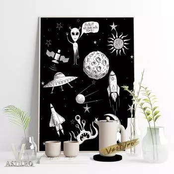 Черно-белый мультяшный плакат экспедиции во Вселенную, Солнце, Луна, звезды, планеты, фрески, спутниковые ракеты, неопознанные летающие объекты, художественные репродукции 21cm30cm NoFrame
