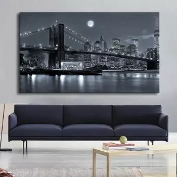 Черно-белый Нью-Йорк Манхэттенский мост Пейзаж Плакат Бруклинский мост Ночь Холст Картина Гостиная Стена Домашний Декор Без Рамы 20*40cm No Frame