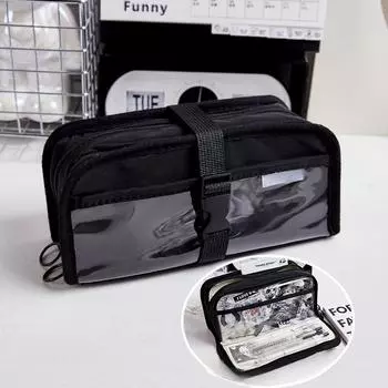 Черно-белый пенал для ручек, прозрачный чехол с пряжкой спереди и несколькими карманами для хранения канцелярских принадлежностей, обратно в школу чёрный
