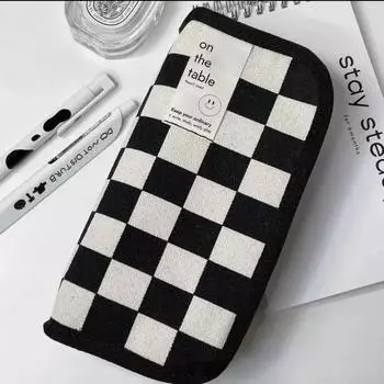 Черно-белый пенал на холсте с шахматной доской, большая вместительная сумка для ручек, сумка для хранения канцелярских принадлежностей для школьников, обратно в школу белый