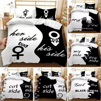 Черно-белый пододеяльник для двоих, черно-белый комплект постельного белья для двоих, ее и его стороны, полный комплект постельного белья Queen King из полиэстера 70x133cm 2pcs