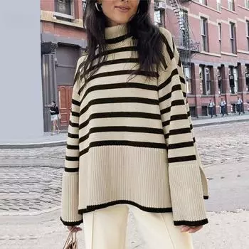 Черно-белый полосатый свитер, уличная одежда, свободные топы, женский пуловер, женский джемпер, водолазка с длинными рукавами, вязаные свитера в рубчик S чёрный