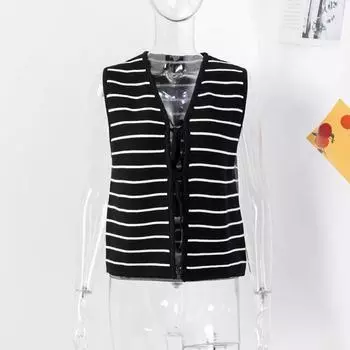 Черно-белый полосатый трикотажный жилет со шнуровкой, свободный короткий топ без рукавов с V-образным вырезом, женский трикотаж, повседневный, для поездок на работу, весна-осень S красный