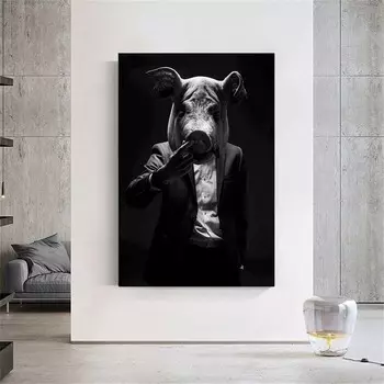 Черно-белый портрет животного, костюм человека с свиной головой, настенный художественный холст, картина для гостиной 21cm30cm NoFrame
