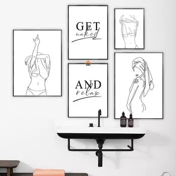 Черно-белый постер «Раздеться и расслабиться» Ванная комната Женщина Обнаженная линия Рисунок Декоративные картины Холст Настенная картина Домашний декор 21x30cm No Framed