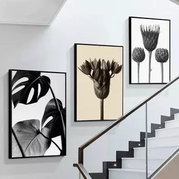 Черно-белый постер с изображением растений, самоклеящийся художественный постер, ретро-наклейка из крафт-бумаги, декоративная живопись своими руками в стиле бара и кафе 21*30cm No Frame