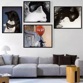 Черно-белый постер с изображением животных, художественная кошка, прижимающаяся к чернилам, картина Тай Чи, картина маслом для гостиной, дома 21cm30cm NoFrame