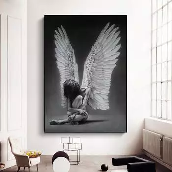 Черно-белый постер с крыльями ангела и гравюра для девочки-ангела, настенное искусство, современное украшение для дома 21cm30cm NoFrame