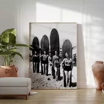 Черно-белый постер с серфингистами, винтажный постер для серфинга, женский спортивный настенный художественный холст, картина в скандинавском стиле, принты для гостиной, домашний декор 21x30cm No Framed