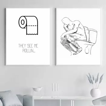 Черно-белый принт для ванной комнаты, мыслитель, постер для туалета, они видели меня, Роллин, забавный знак для ванной, печать на холсте, настенное искусство, домашний декор 21cm30cm NoFrame