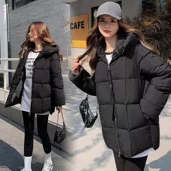 Черно-белый простой и щедрый новый пуховик женский модное свободное пальто средней длины средней длины с капюшоном S чёрный