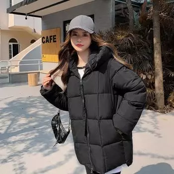 Черно-белый простой и щедрый новый пуховик женский модное свободное пальто средней длины средней длины с капюшоном S чёрный