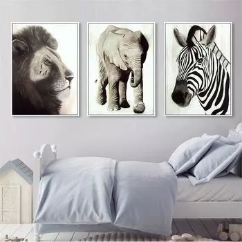 Черно-белый серый слон, зебра, животные, настенная живопись, художественные постеры и принты, животный пейзаж, холст, картина, фото для домашнего декора 21cm30cm NoFrame