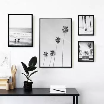 Черно-белый стиль, настенное искусство, пляжный серфинг, постер с пальмами, холст, живопись, современные картины, декор для гостиной, украшение дома 21cm30cm NoFrame