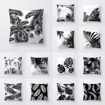 Черно-белый тропический растительный принт с рисунком листьев, наволочка для дома, гостиной, дивана, декоративная подушка, наволочка 45x45 см 40X40CM