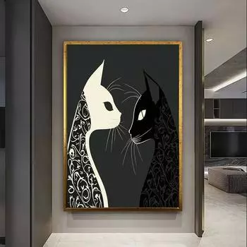 Черно-белый узор с кошками, холст, настенный художественный постер и принты, картина с изображением животных для гостиной, домашний декор, подарок 21x30 cm No Frame