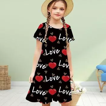 Черно-красные платья для девочек с 3D-принтом, детское платье принцессы с короткими рукавами и принтом в виде любви для девочек 80 чёрный