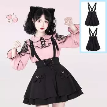 Черно-розовая рубашка с бантом Dilei для девочек, японская юбка-трапеция на бретелях L чёрный