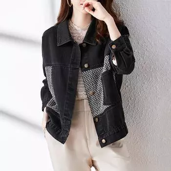 Черно-серая лоскутная джинсовая куртка для женщин, весенне-осенняя модная повседневная свободная куртка-топ