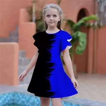 Черно-синие платья с цветным принтом для девочек. Детское праздничное платье для девочек. Свободная облегающая юбка с короткими рукавами для девочек старше четырех лет. 80 синий