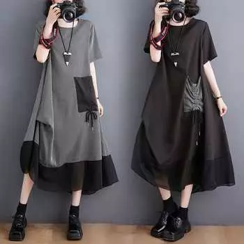 Черно-зелено-серое полосатое платье-футболка с карманами, свободными складками, асимметричное платье-миди с коротким рукавом, лето M серый