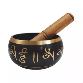 Черно-золотая поющая чаша с деревянным стеком, Black-Gold Singing Bowl and Wooden Striker Stick