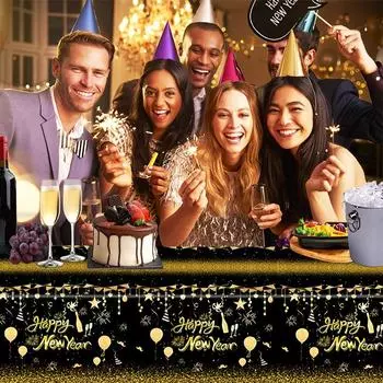 Черно-золотая тематическая новогодняя скатерть с новым годом одноразовая скатерть украшение для вечеринки с новым годом