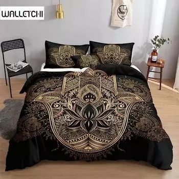 Черно-золотой комплект пододеяльников с изображением руки Фатимы, роскошный комплект пододеяльников с золотым принтом «рука Фатимы» в стиле бохо-хиппи, украшения для спальни, пододеяльник для женщин и мужчин EU single(135x200cm)