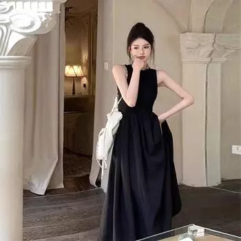 Черное элегантное летнее платье без рукавов больших размеров, женское модное трапециевидное сексуальное длинное платье с открытой спиной, женское повседневное платье с высокой талией для вечеринок и клубов 799 S чёрный