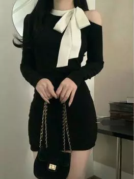 Черное элегантное облегающее цельное платье с открытыми плечами для женщин, осень-зима, новые сексуальные вечерние платья Gyaru, корейское модное короткое платье с бантом Y2k S чёрный