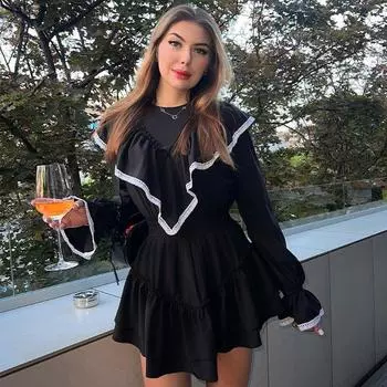 Черное элегантное женское платье с длинным рукавом и тонкой высокой талией, лето 2024, платье со складками и рюшами и круглым вырезом Femme France, повседневное вечернее платье женское S чёрный