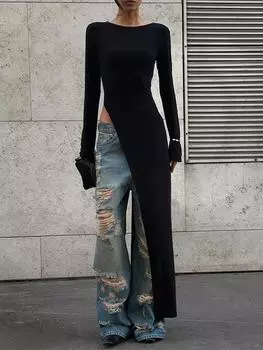 Черное асимметричное макси-платье для женщин с круглым вырезом и длинным рукавом, модный шикарный топ для клубной вечеринки, платья с высоким разрезом по бокам, осень S чёрный