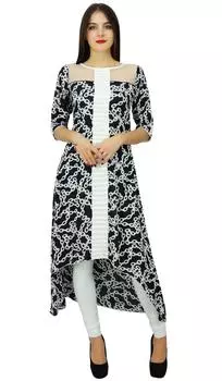 Черное асимметричное платье женщин Бимба 3 4 рукава вискоза Курта напечатала дизайнера 10 чёрный