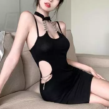 Черное ажурное платье на подтяжках, женское летнее платье Pure Desire в стиле с висячим вырезом, повседневная короткая юбка с запахом ягодиц S чёрный