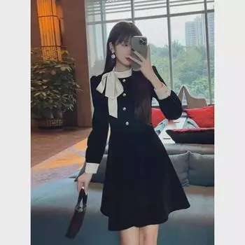 Черное бархатное платье с бантом в стиле Хепберн — коллекция осень 2024 г. XL (115-125 jin)