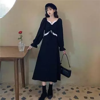 Черное готическое платье, женское дизайнерское платье миди на шнуровке, шикарное повседневное вечернее платье в корейском стиле, винтажное платье, осенняя женская одежда S