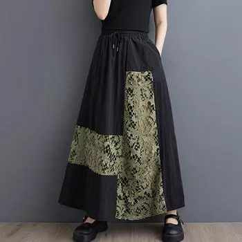 Черное хлопковое кружево больших размеров, винтажная летняя повседневная свободная длинная юбка с высокой талией для женщин, женская юбка