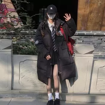 Черное хлопковое пальто в зимнем студенческом стиле для женщин, модная утолщенная верхняя одежда, теплая одежда S