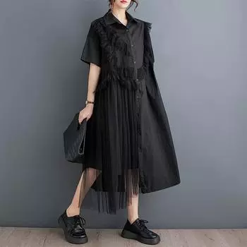 Черное хлопковое сетчатое винтажное платье больших размеров с коротким рукавом больших размеров для женщин, повседневное свободное длинное летнее платье-рубашка