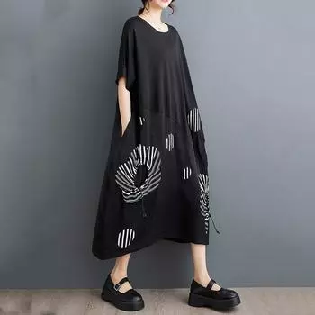 Черное хлопковое винтажное новое платье больших размеров с коротким рукавом для женщин, повседневное свободное длинное летнее платье