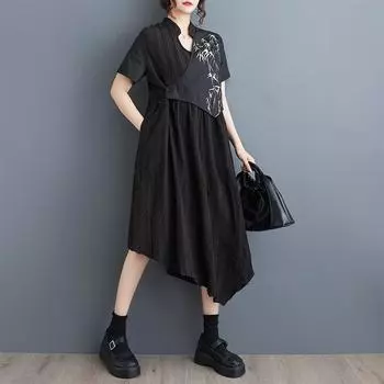 Черное хлопковое винтажное новое платье больших размеров с короткими рукавами для женщин, повседневное свободное длинное летнее платье миди