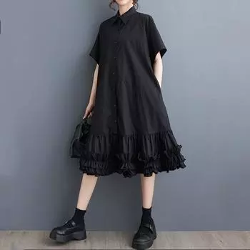 Черное хлопковое винтажное новое платье больших размеров с короткими рукавами для женщин, повседневное свободное длинное летнее платье-рубашка миди