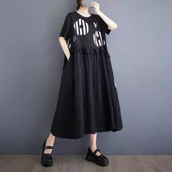 Черное хлопковое винтажное новое платье больших размеров с короткими рукавами для женщин, повседневное свободное длинное летнее платье