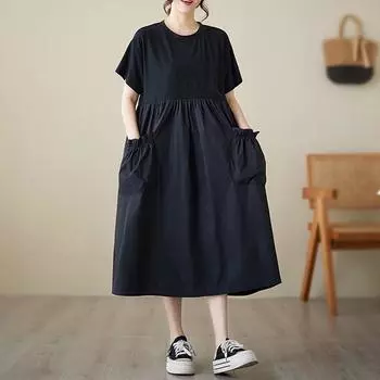 Черное хлопковое винтажное новое платье больших размеров с коротким рукавом для женщин, повседневное свободное длинное летнее платье XL